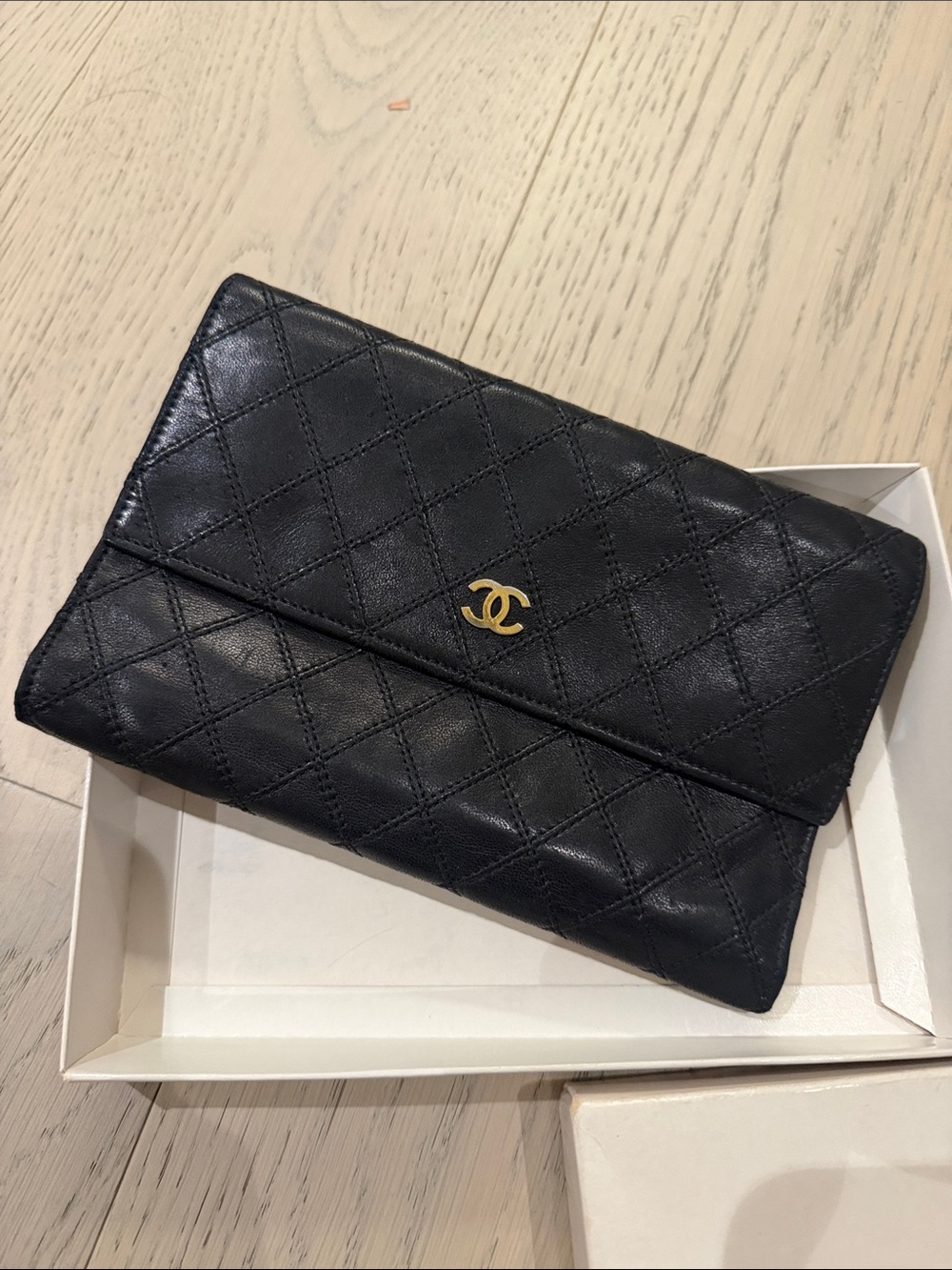CHANEL Black Quilted Leather Wallet with Gold CC